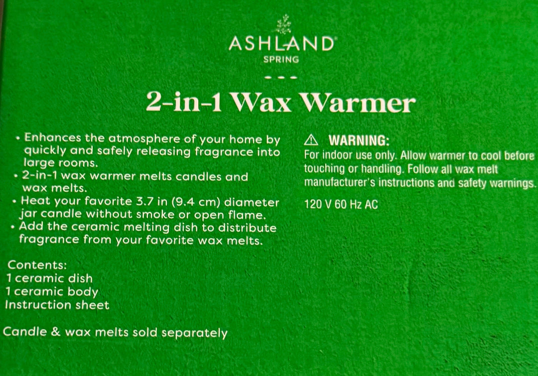 Ashland 2-in-1 Wax Warmer packaging with features information text on a green background
