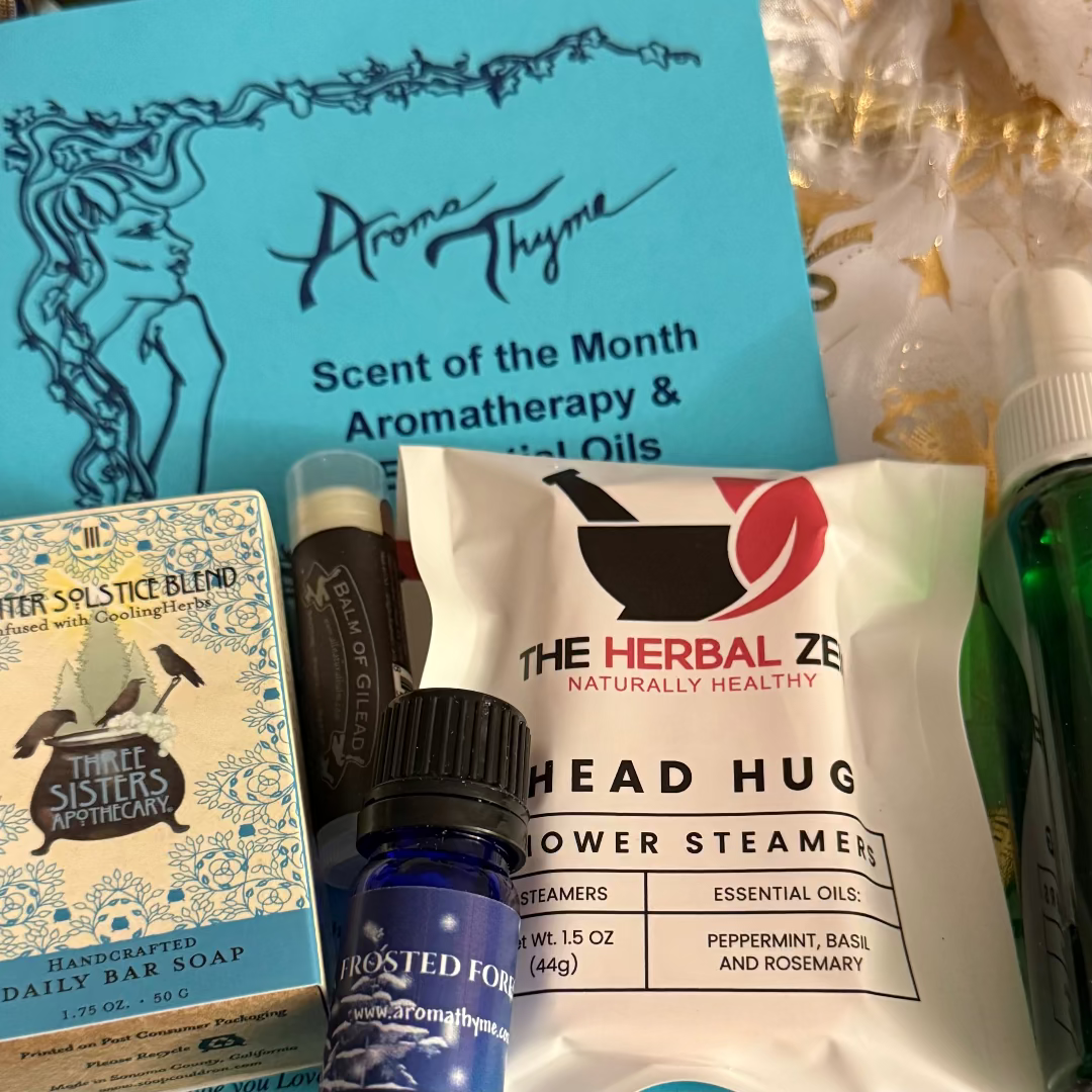 Collection of Aroma Thyme and The Herbal Zen products including a bottle, soap, and steamers.
