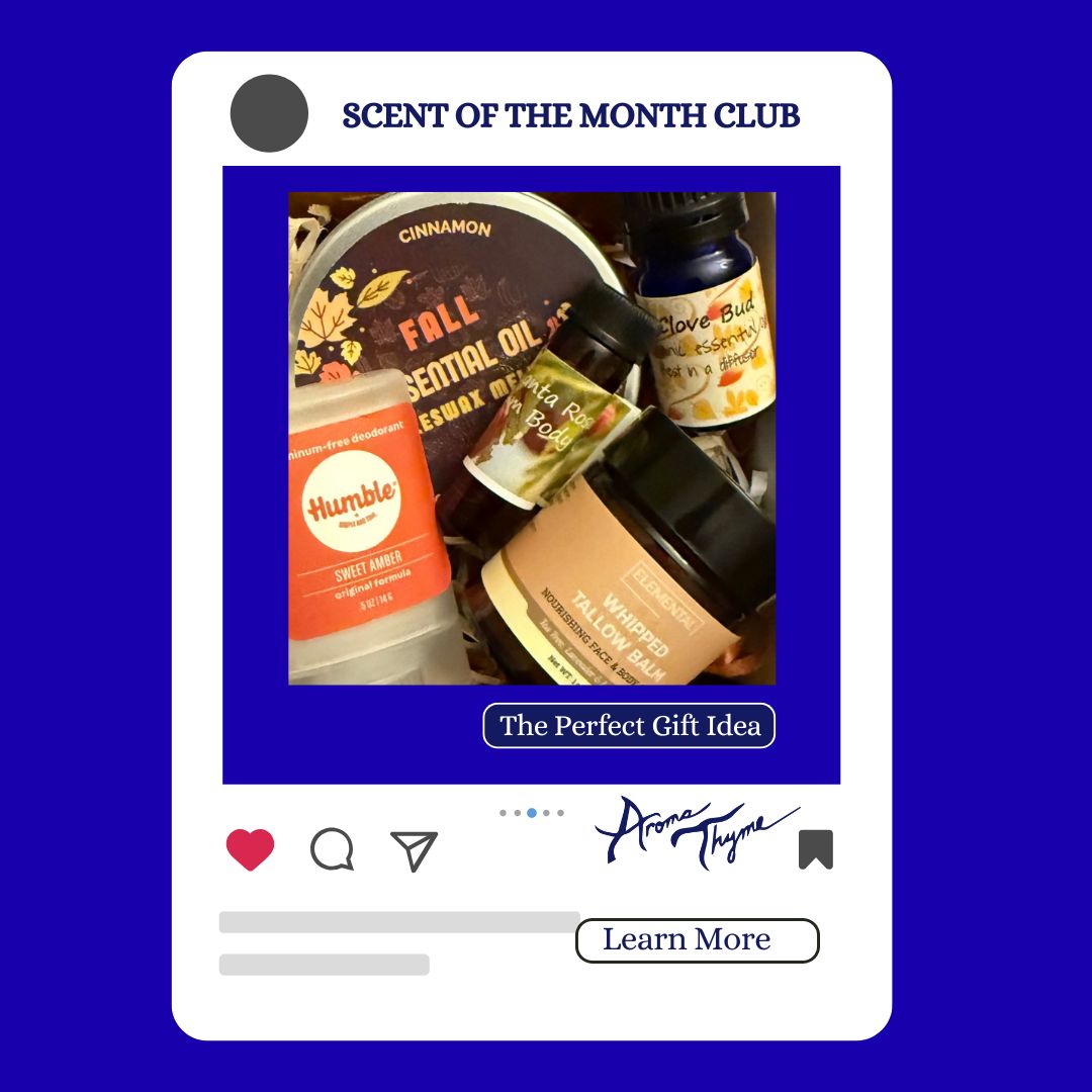 Promotional graphic for 'Scent of the Month Club' with scented products on a blue background.