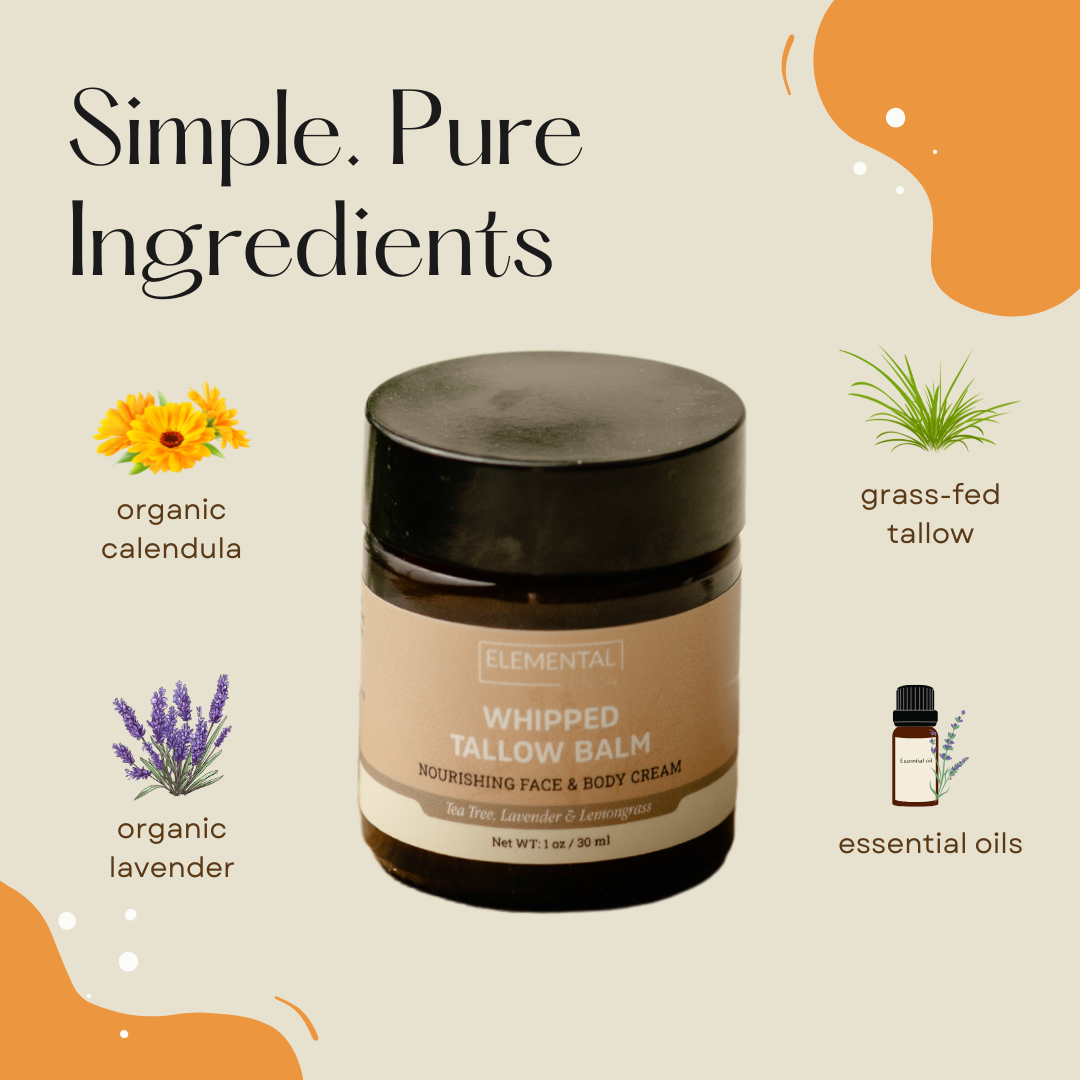 Whipped tallow balm jar with ingredients listed on a beige background