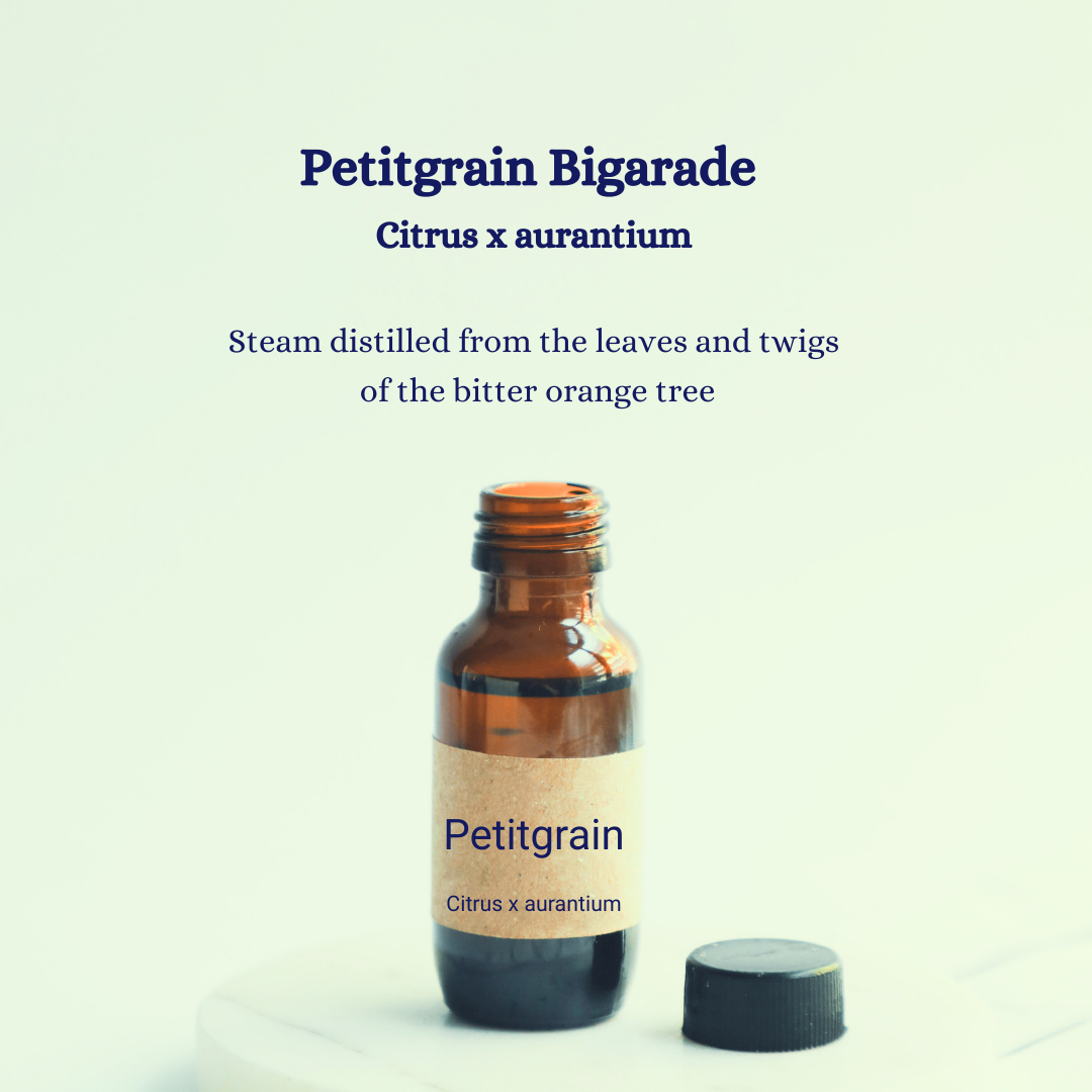 Brown bottle labeled 'Petitgrain' with a beige background