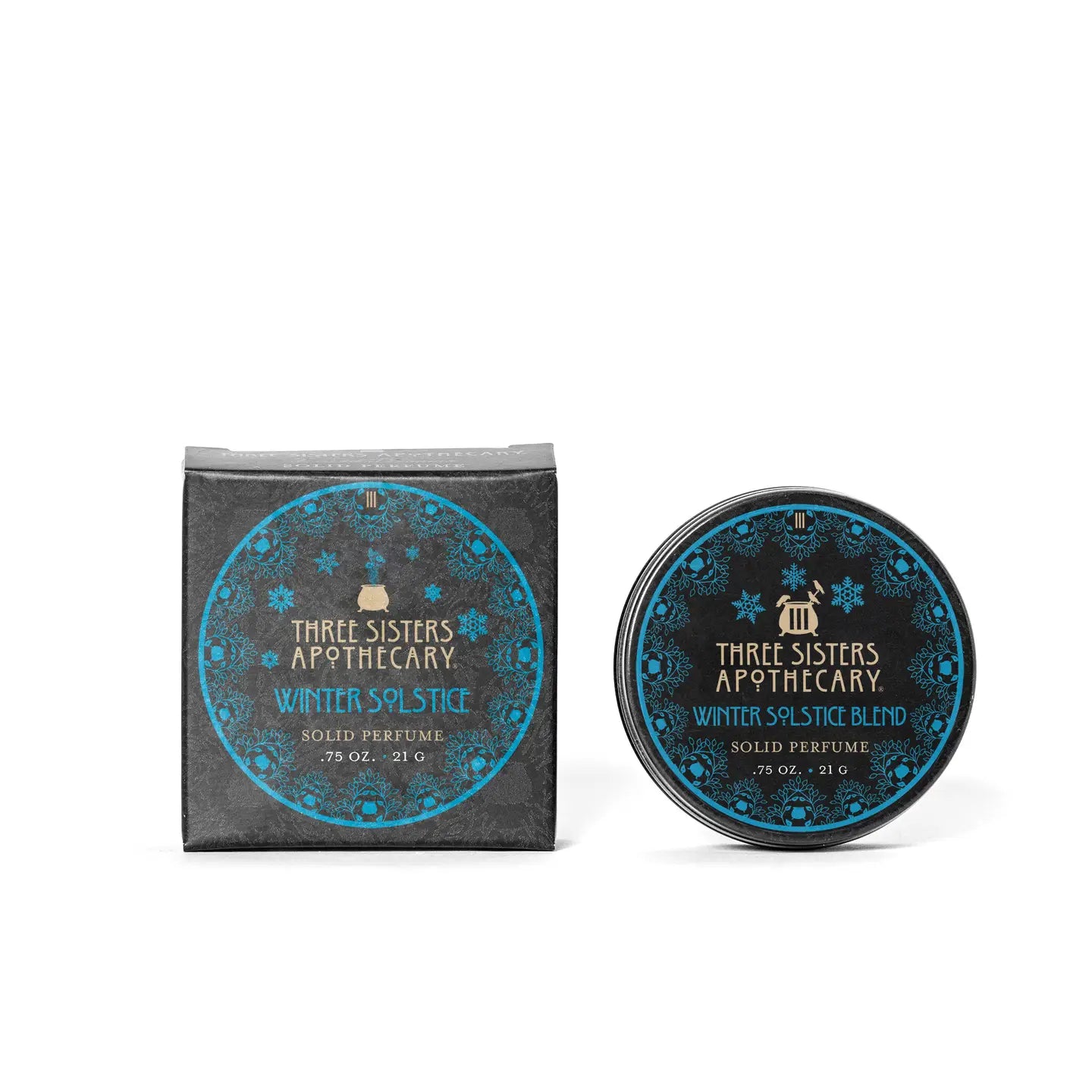 Three Sisters Apothecary Winter Solstice Solid Perfume packaging on a white background